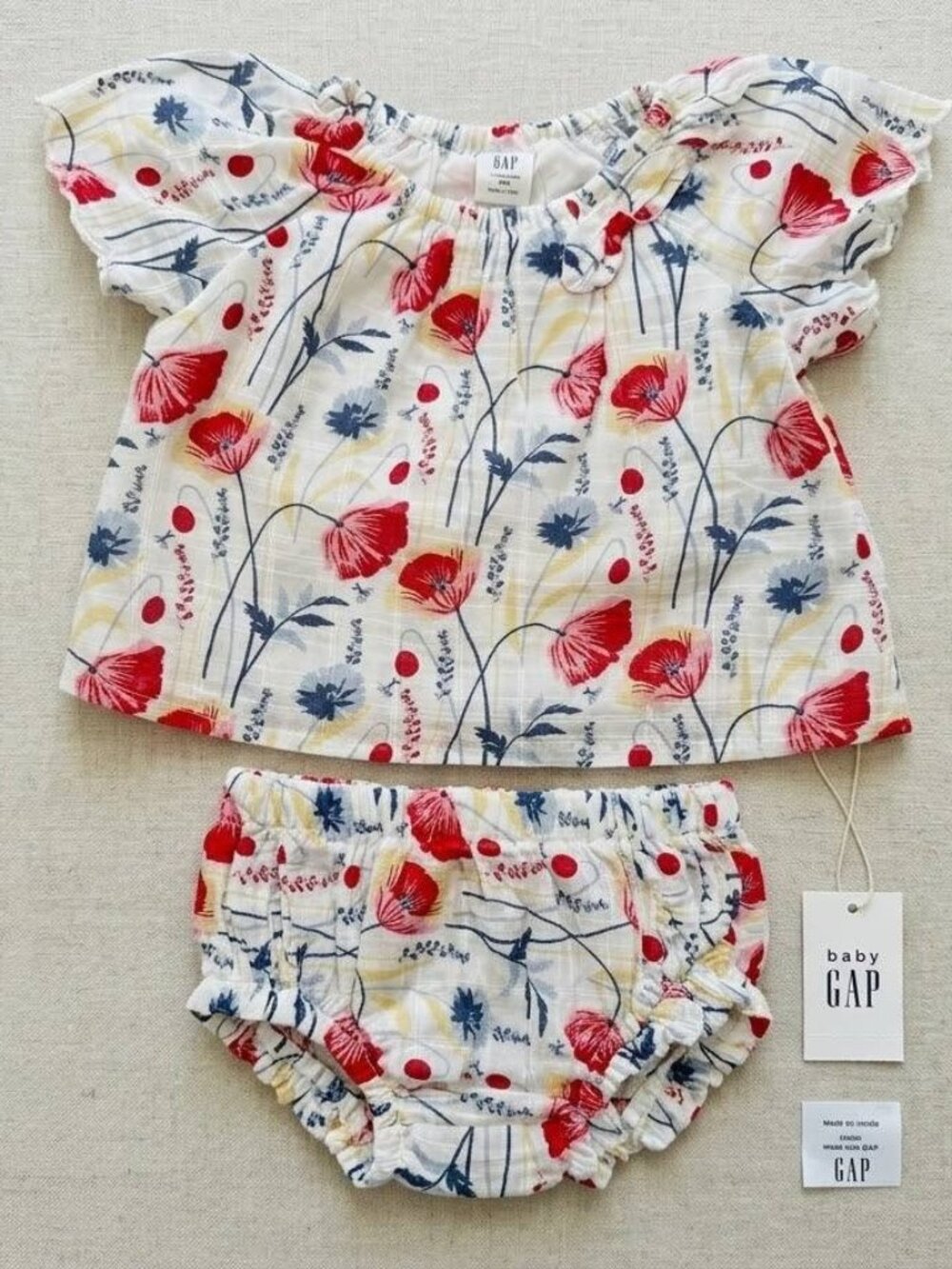 babyGap Baby Girl 3-6M 2pc Set Gauze Top Bloomers Red Poppy Floral Ivory NWT